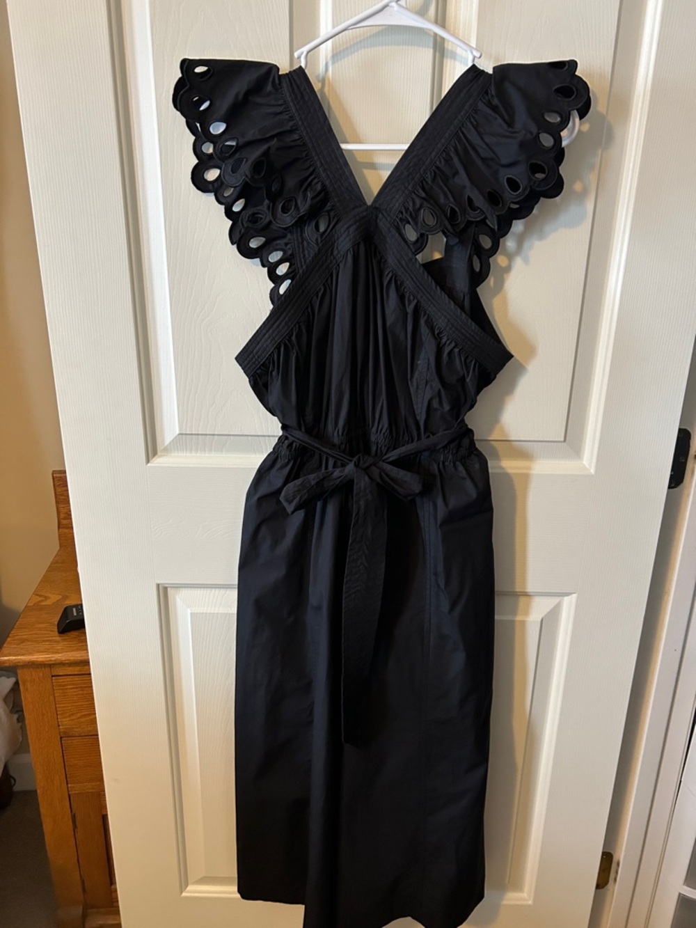 En Saison Black Midi Dress with Scalloped Eyelet Straps and Tie Waist